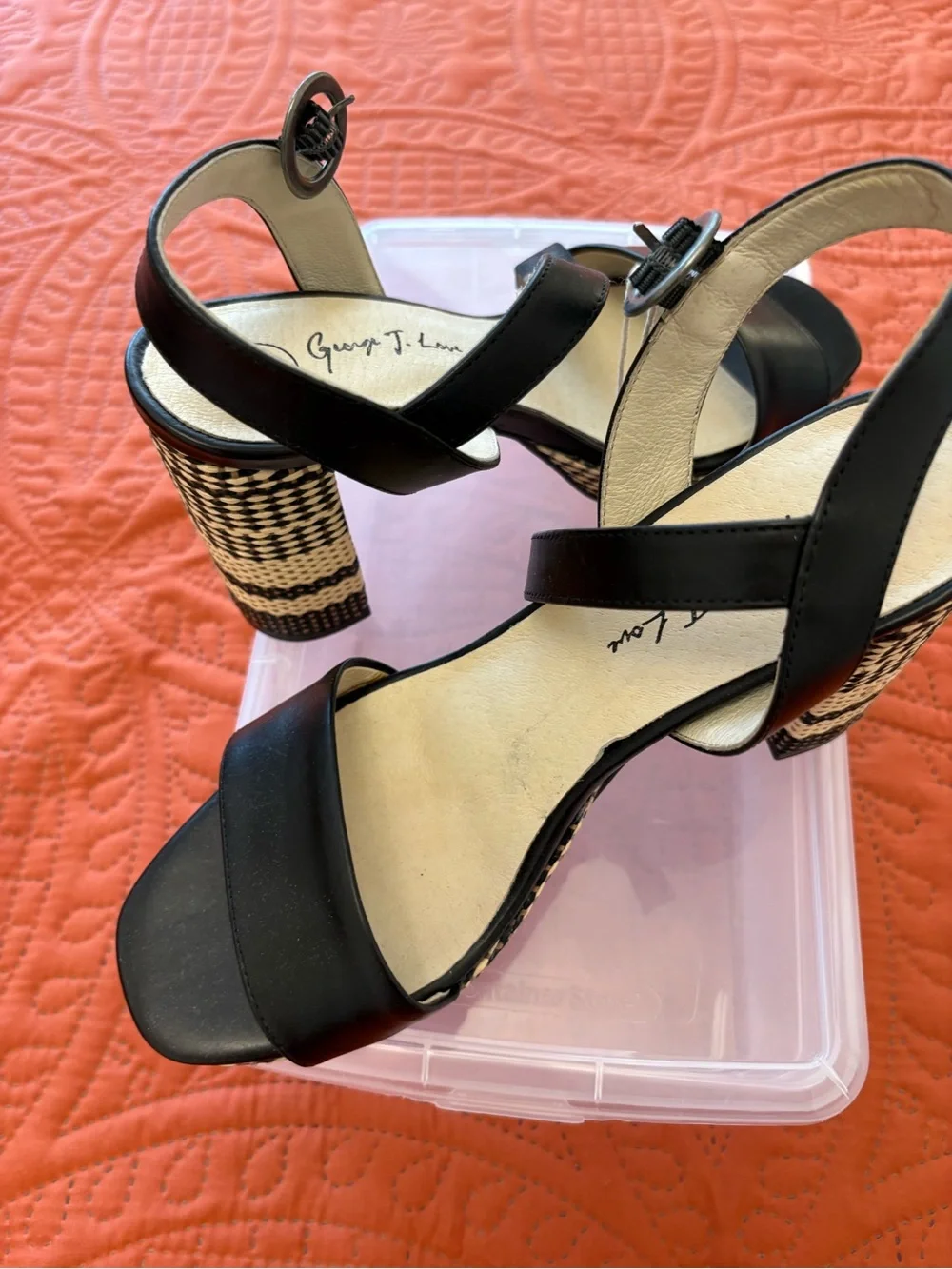 Black Woven-Block Heel Sandals